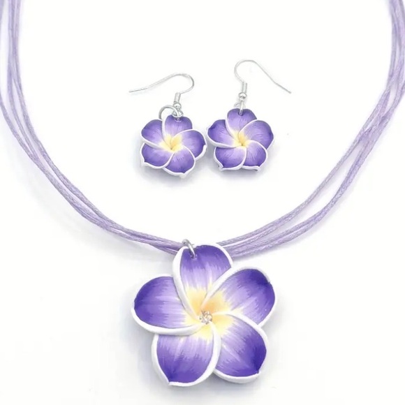 Tropical Purple Plumeria Flower Necklace & Earring Set